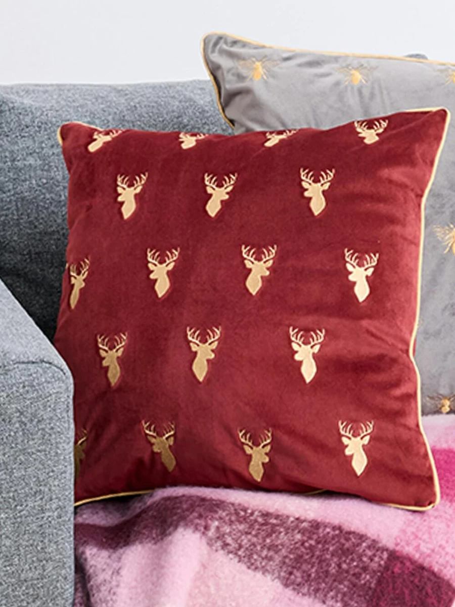 "Life From Coloroll Women's Berry Stag Embroidered Velvet Cushion – Luxury Home Decor"