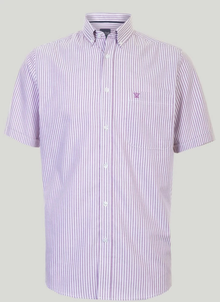 James Pringle Men's Short Sleeve Striped Oxford Shirt - Classic Casual Button Down Top