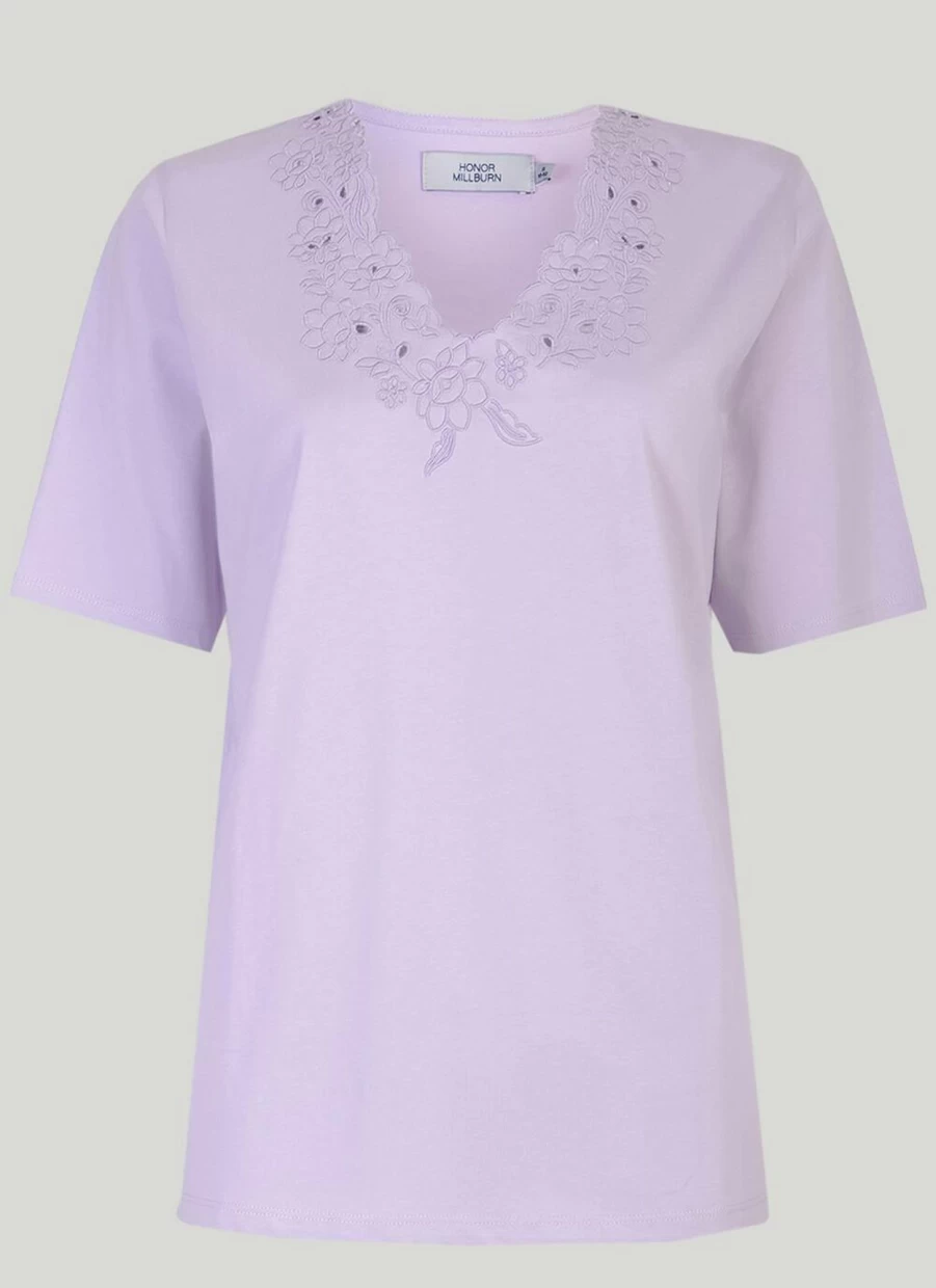 Honor Millburn Women's V-Neck Embroidered Cutwork T-Shirt - Floral Lace Detail Casual Top