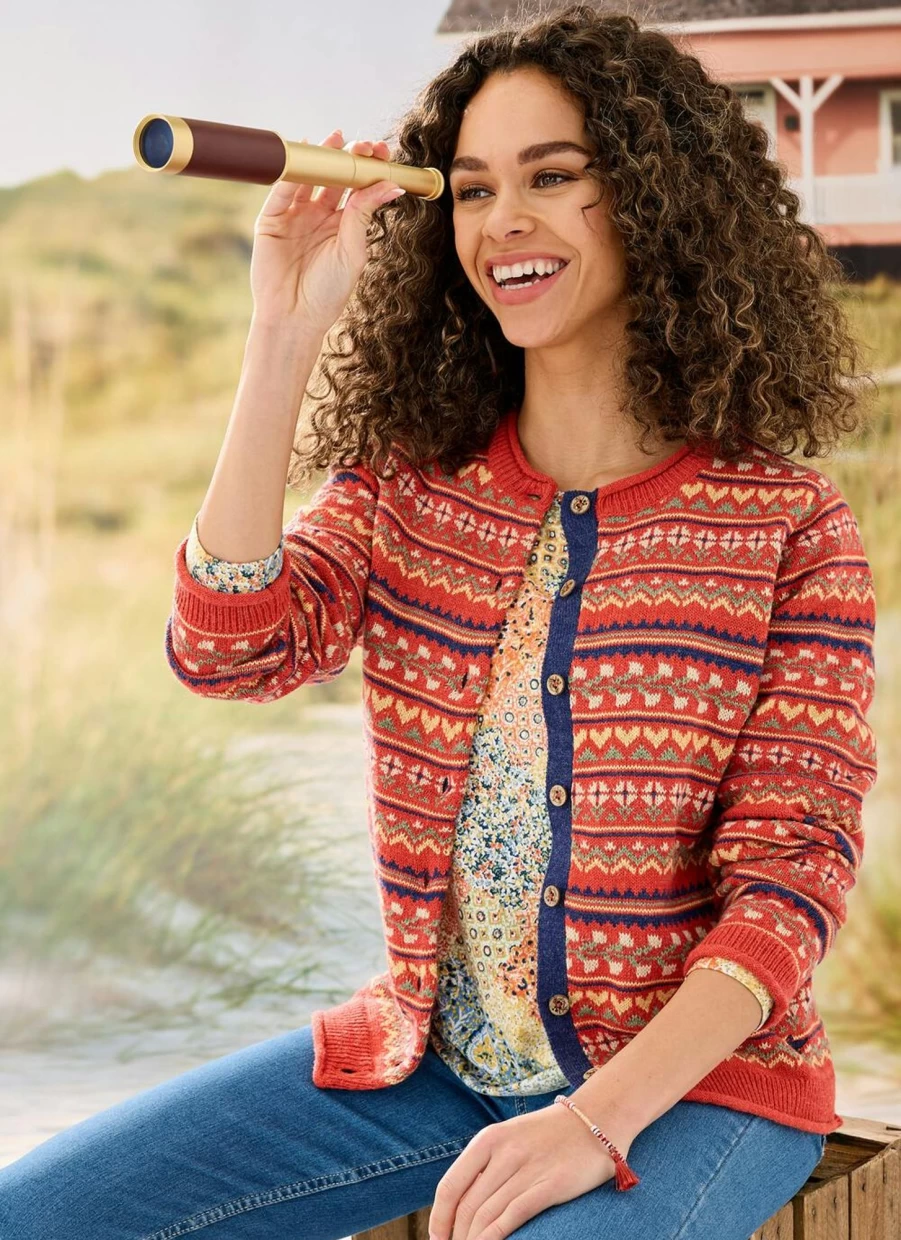 Country Rose Women's Orange Fairisle Knit Cardigan Sweater