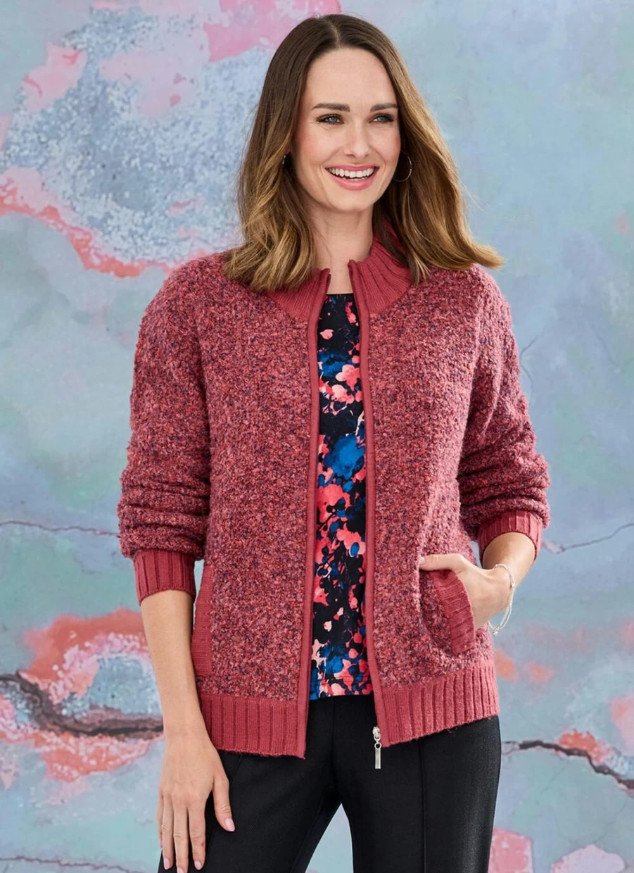 Honor Millburn Women's Russet Zip Front Boucle Cardigan - Cozy Knit Jacket