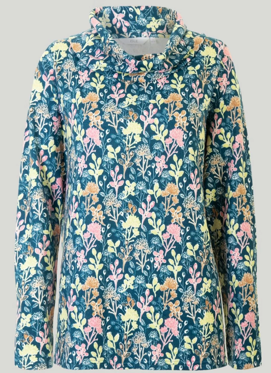 Isle Women's Teal Floral Print Cowl Neck Blouse Top
