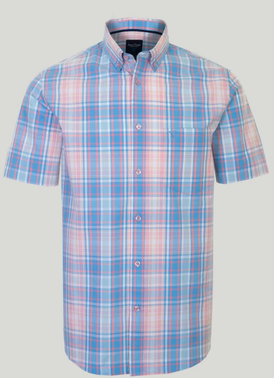 James Pringle Men's Cotton Check Short Sleeve Shirt - Classic Plaid Casual Button-Up Top