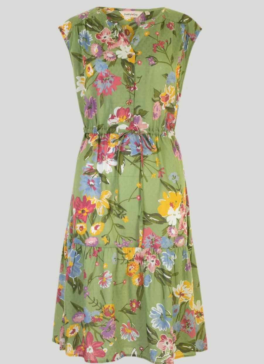 Country Rose Women's Floral Print Tie-Waist Midi Dress - Elegant Feminine Style