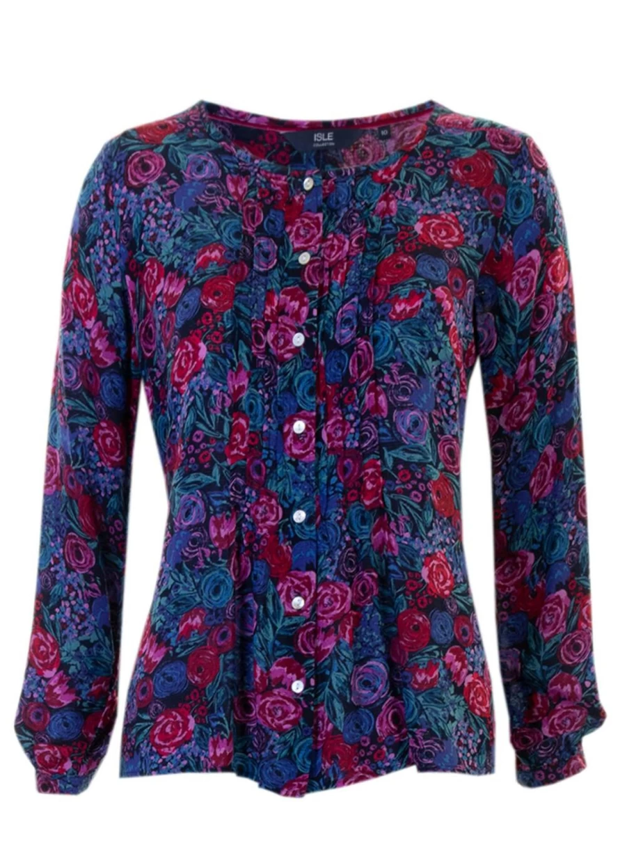 "Isle Women's Navy Floral Blouse with Delicate Lace Trim"