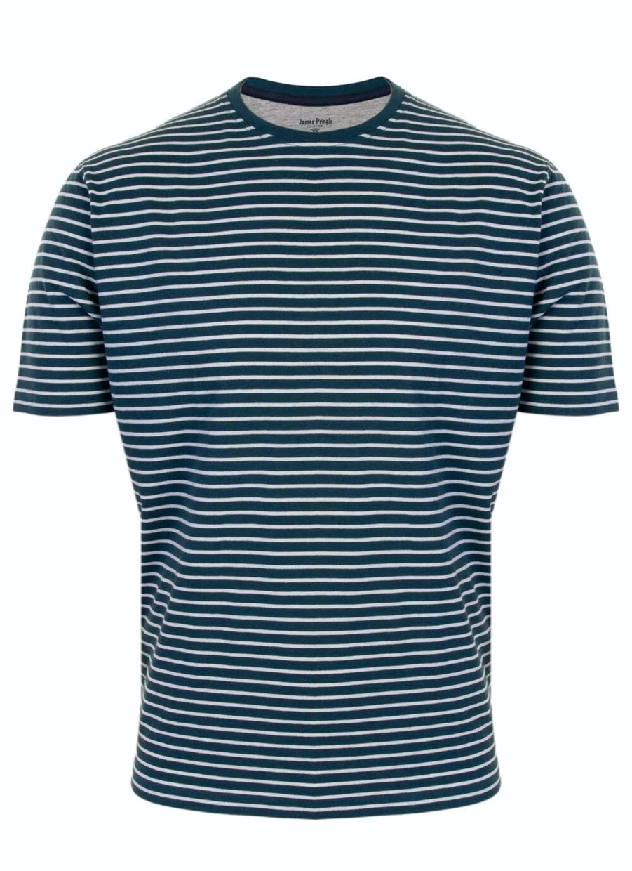 James Pringle Men's Green Striped Crew Neck T-Shirt - Classic Cotton Casual Tee