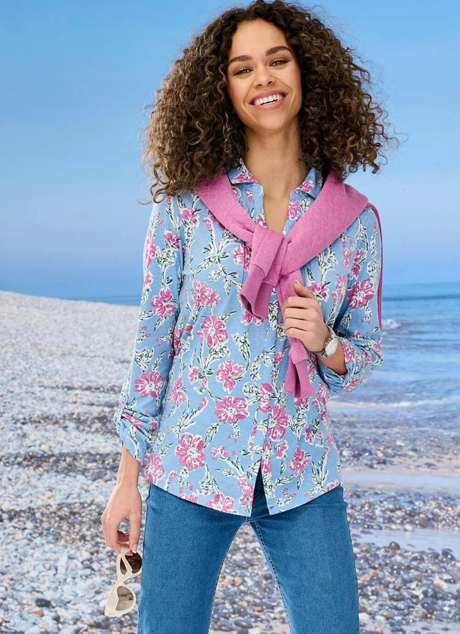 "Country Rose Women's Blue Floral Print Blouse - Elegant Floral Top"