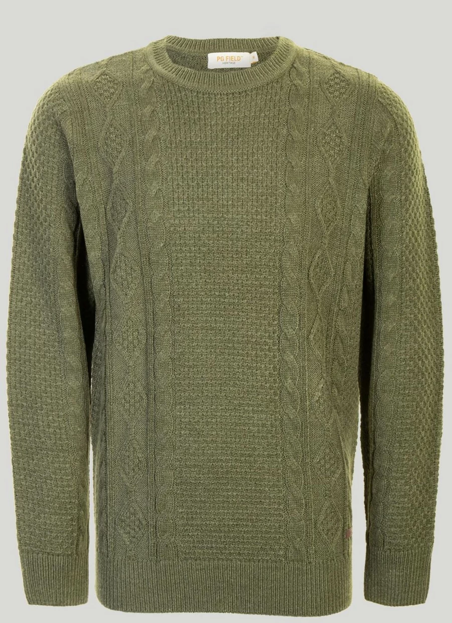 PG Field Men's Green Cable Knit Crew Neck Jumper