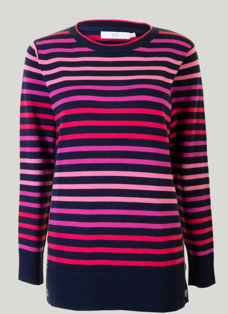 Isle Women's Pink Striped Jumper - Soft Knit Sweater Casual Comfort Fit