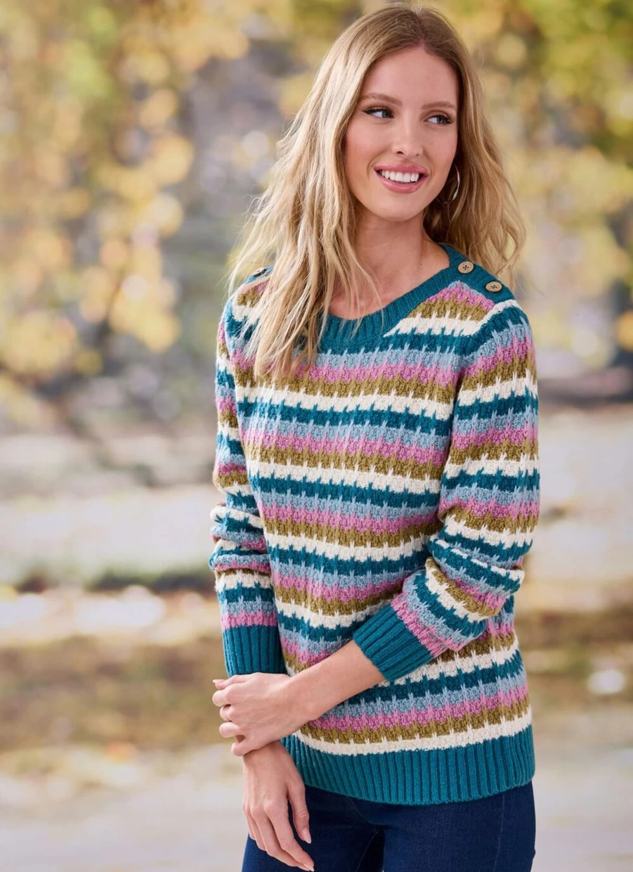 Isle Women's Turquoise Striped Knit Jumper Sweater Casual Comfortable Pullover