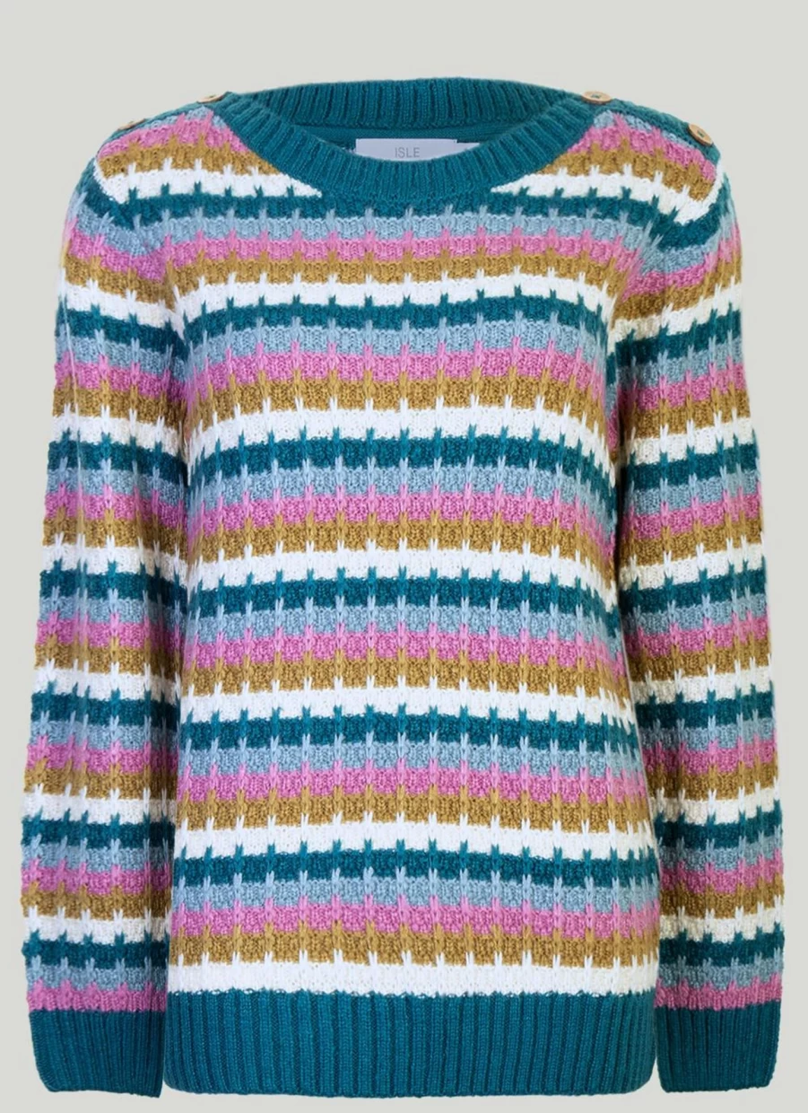 Isle Women's Turquoise Striped Knit Jumper Sweater Casual Comfortable Pullover