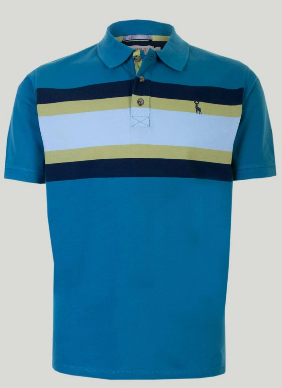 PG Field Men's Teal & Navy Striped Polo Shirt - Classic Casual Slim Fit Golf Top