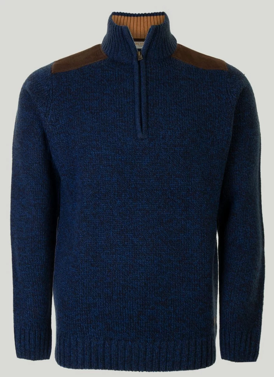 PG Field Men's Zip Neck Suede Trim Jumper - Stylish Suede Detail Knit Sweater