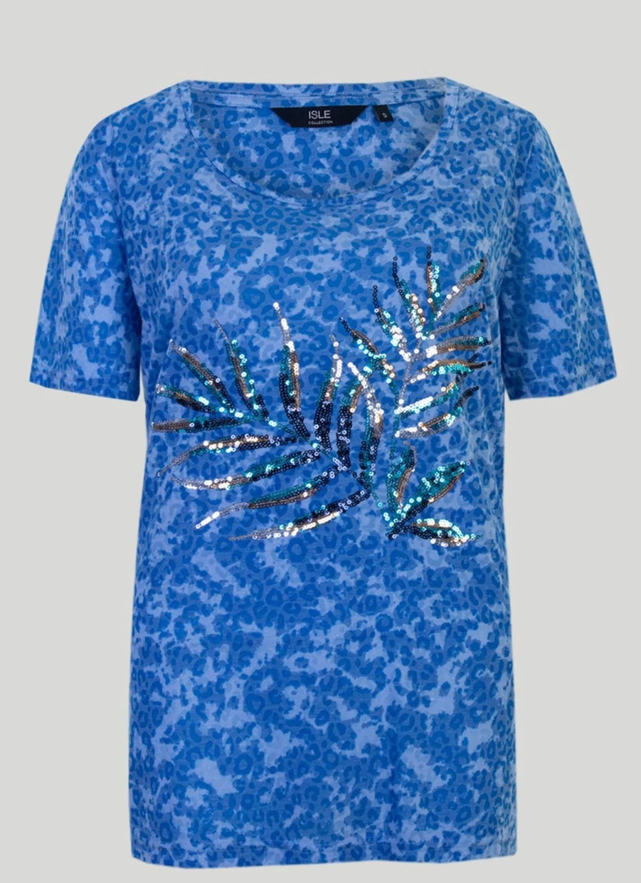 Isle Women's Blue Leaf Sequin Top - Glitter Embellished Party Blouse for Evening Wear