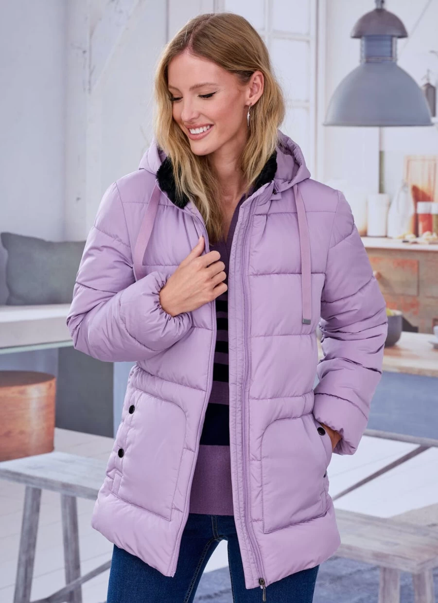 Isle Women's Lilac Quilted Coat with Fur Trim - Elegant Winter Outerwear