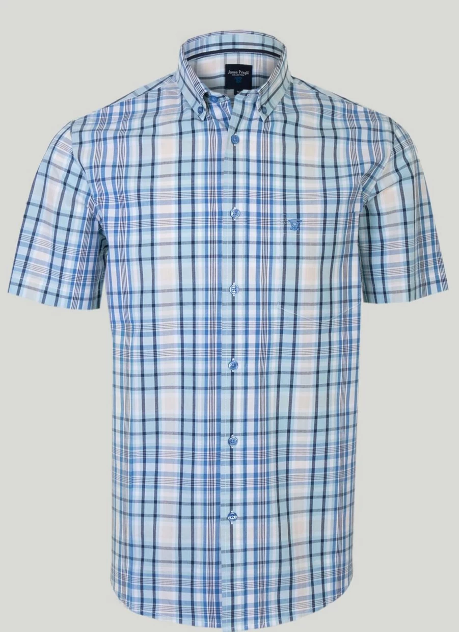 James Pringle Men's Cotton Check Short Sleeve Shirt - Classic Plaid Casual Button-Up Top