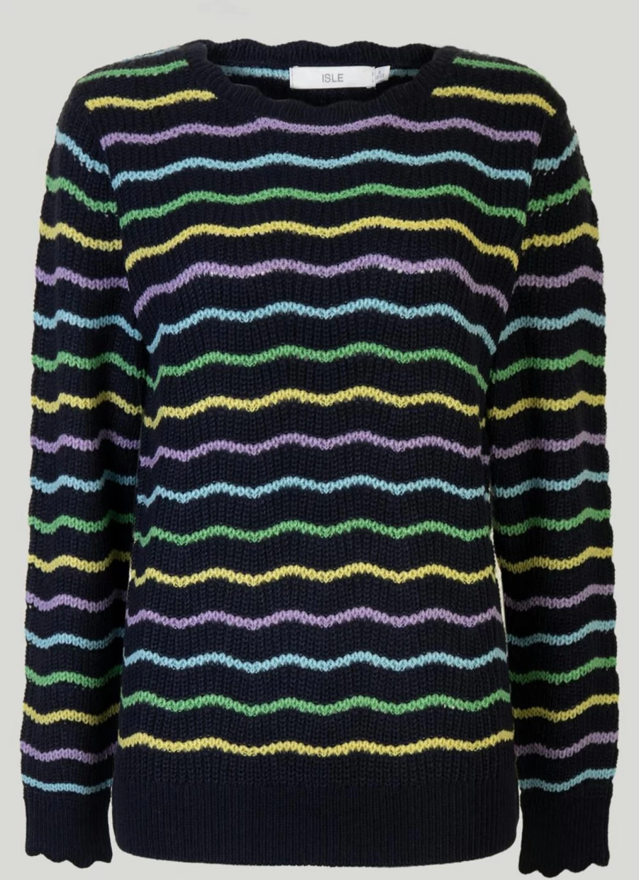 Isle Women's Wavy Stripe Knit Jumper - Soft Crewneck Sweater Casual Comfortable Pullover
