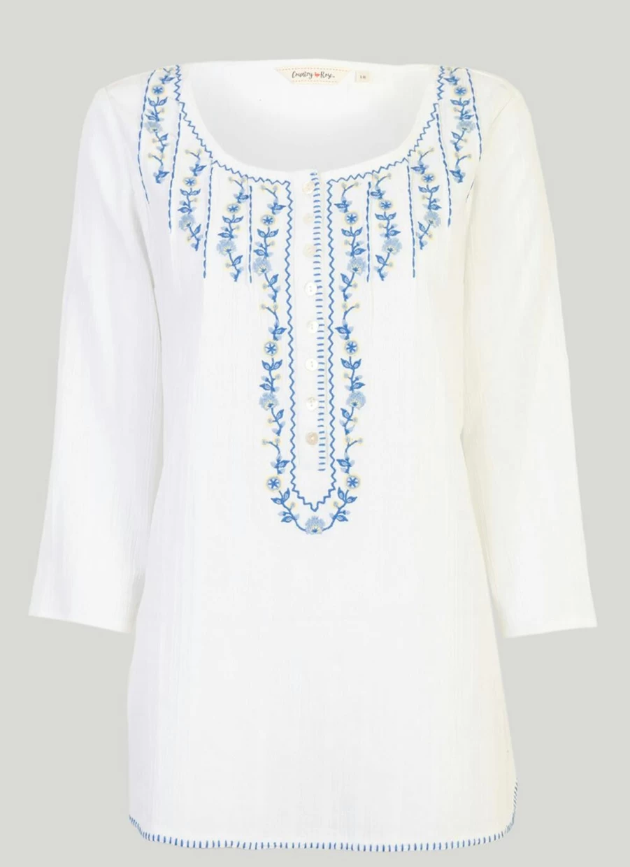 Country Rose Women's Ivory Embroidered Blouse - Elegant Floral Stitch Top