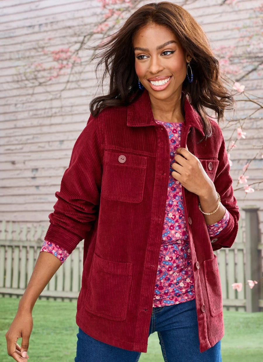 Country Rose Women's Burgundy Corduroy Jacket - Soft Vintage Style Corduroy Coat for Women