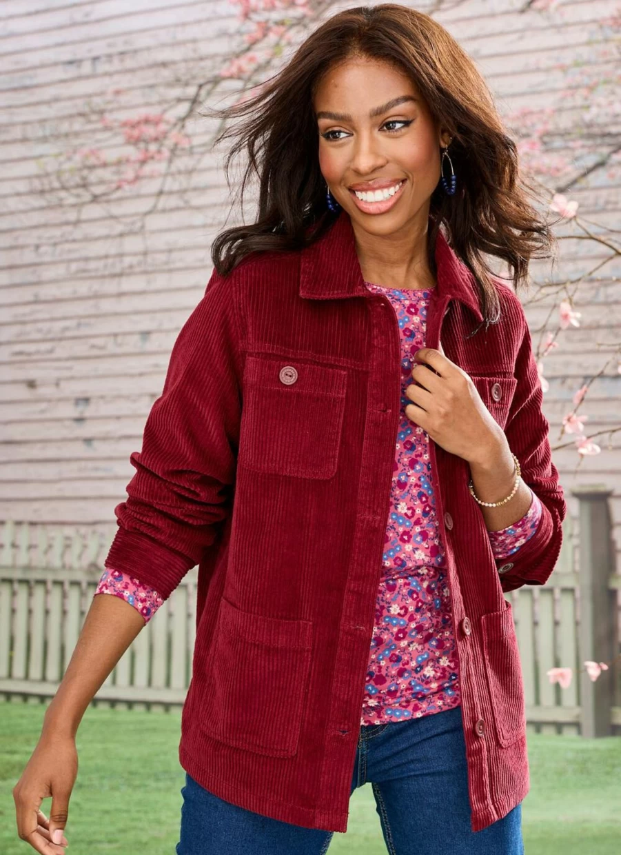 Country Rose Women's Burgundy Corduroy Jacket - Soft Vintage Style Corduroy Coat for Women