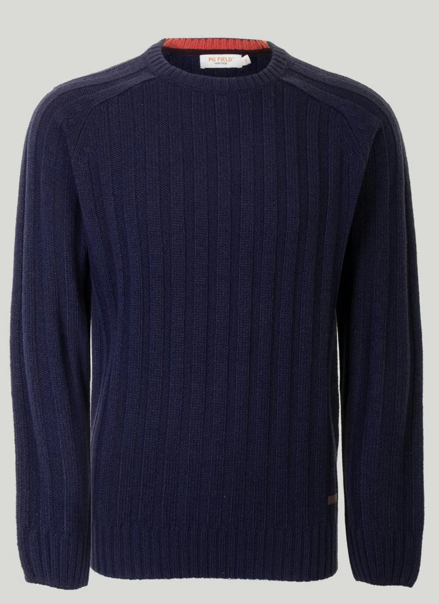 PG Field Men's Ribbed Crew Neck Jumper - Soft Knit Slim Fit Sweater