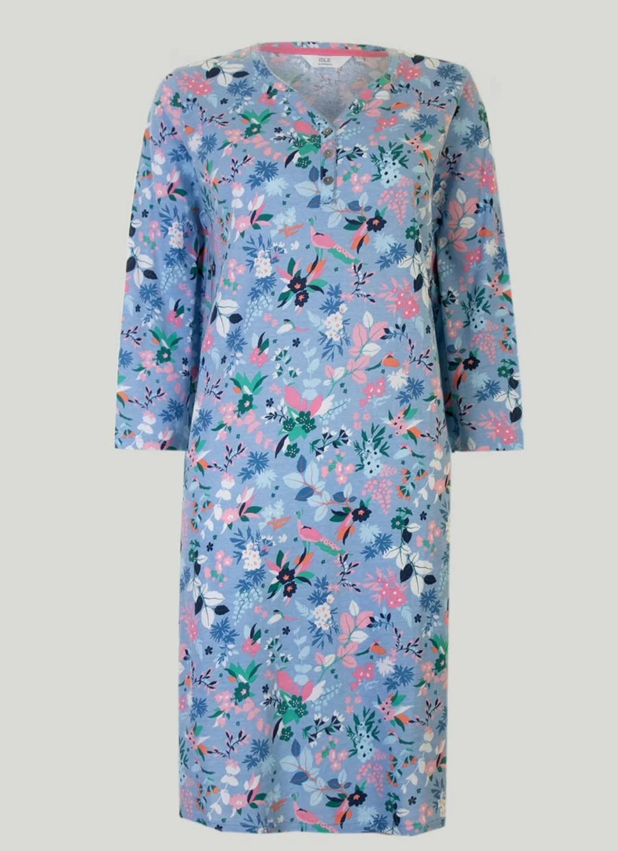 Isle Women's Blue 3/4 Sleeve Nightie - Soft Sleepwear for Comfortable Nights