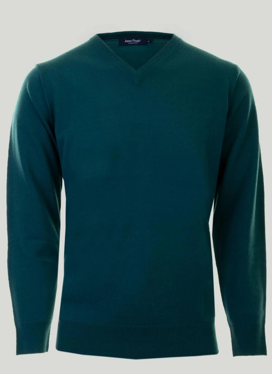 James Pringle Men's Green Fine Knit V-Neck Jumper
