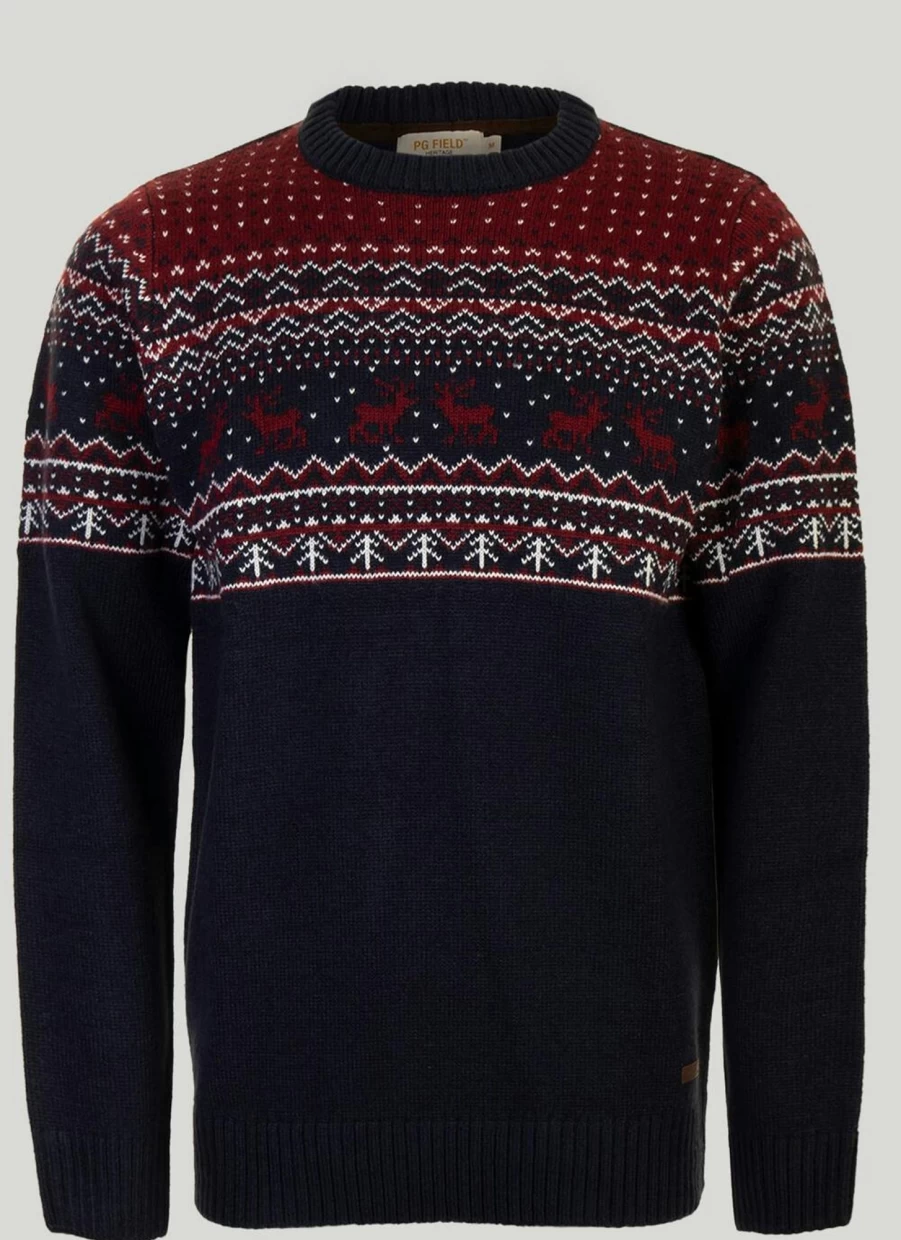 PG Field Men's Reindeer Yoke Knit Sweater - Festive Holiday Pullover