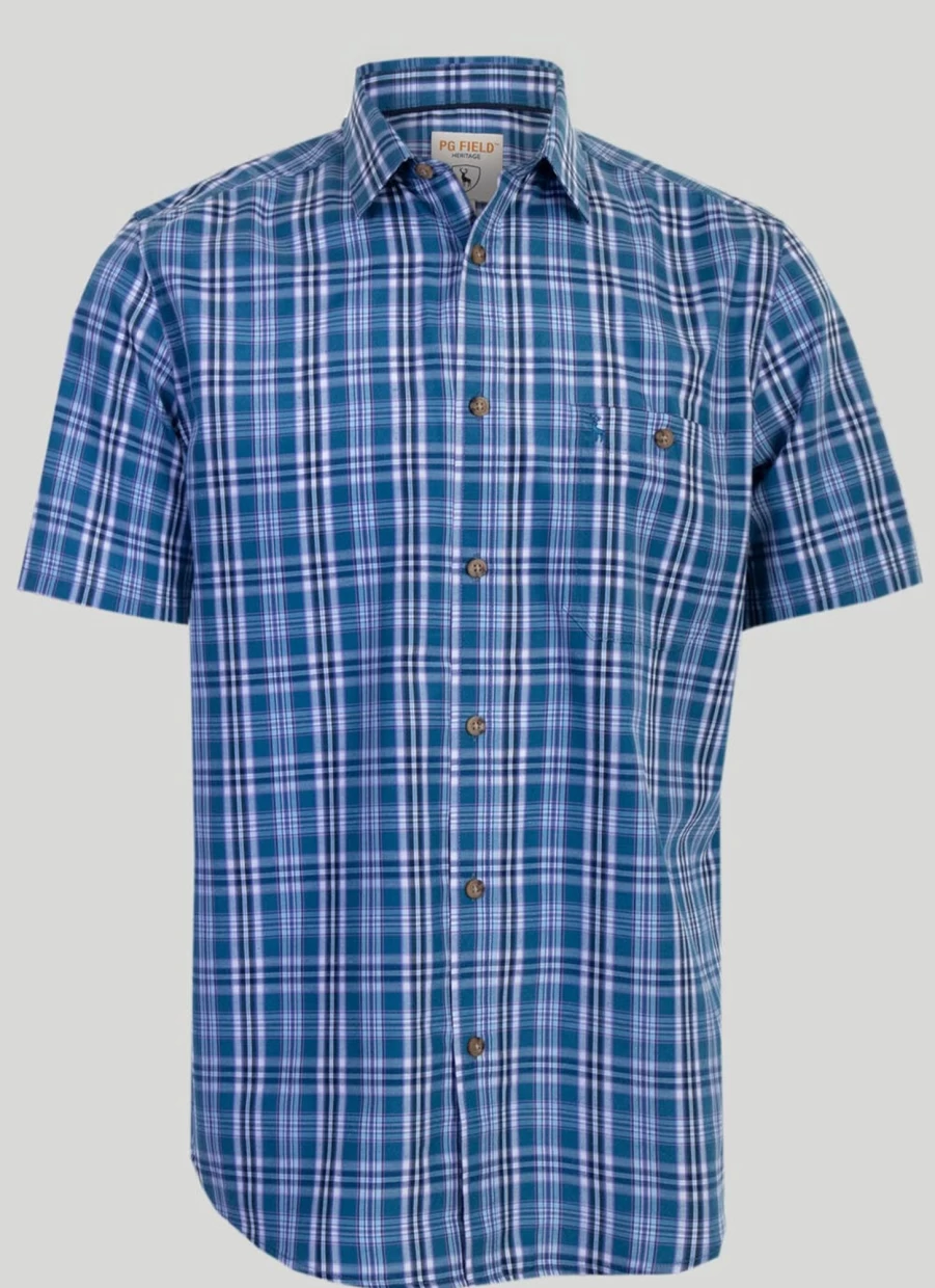 PG Field Men's Short Sleeve Checkered Shirt - Casual Plaid Button-Up Top