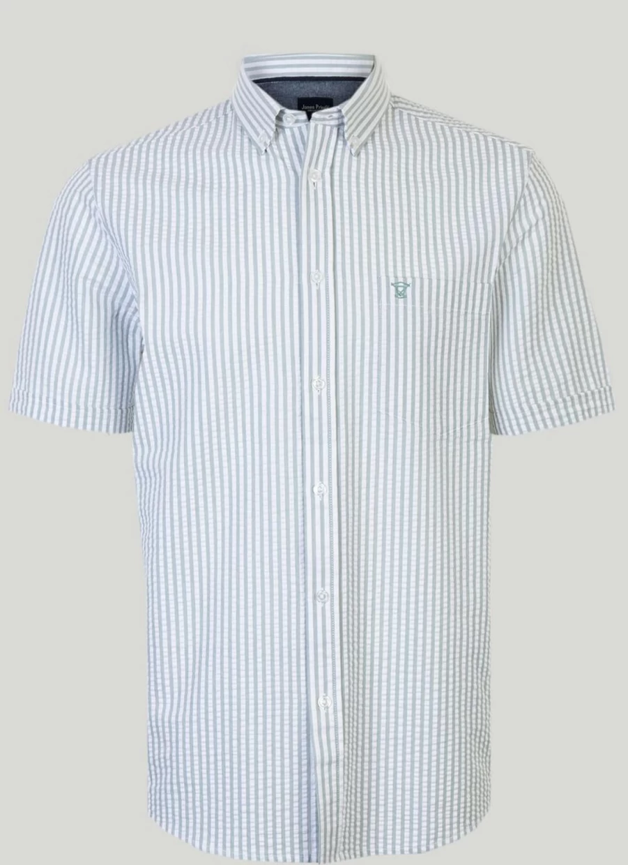 James Pringle Men's Seersucker Stripe Casual Shirt - Breathable Summer Striped Top