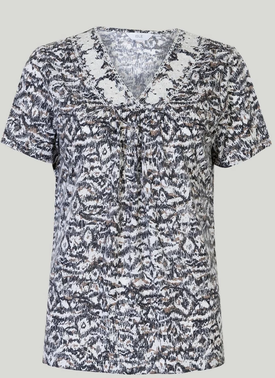 "Isle Women's Embroidered Neckline T-Shirt - Stylish Casual Top"