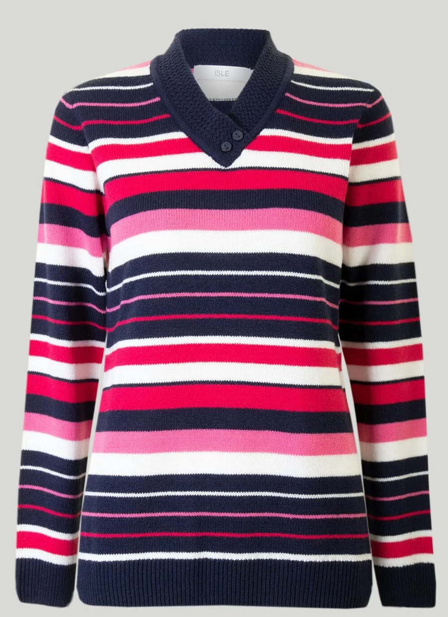 Isle Women's Pink Striped V-Neck Jumper Soft Knit Casual Sweater