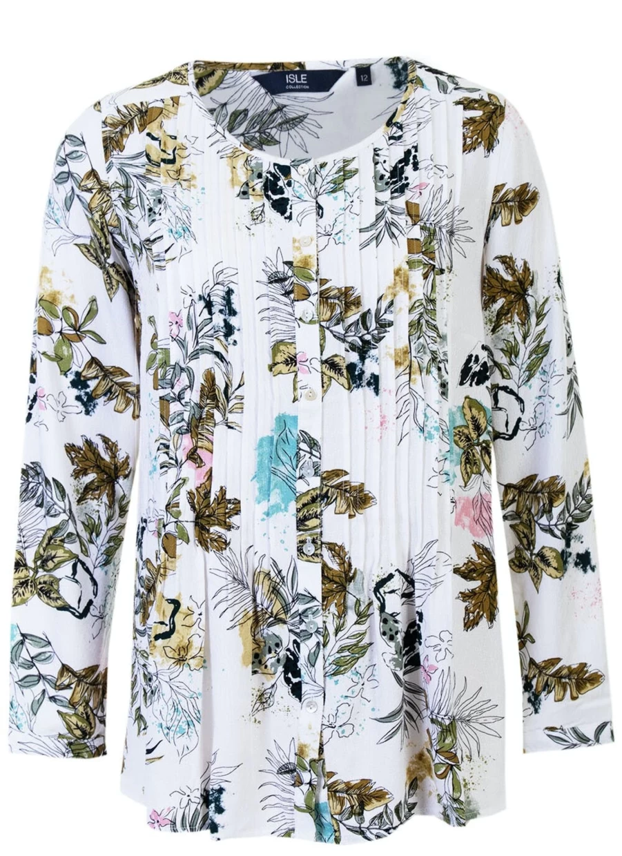 "Isle Women's Ivory Printed Blouse - Elegant Floral Top for Casual Wear"