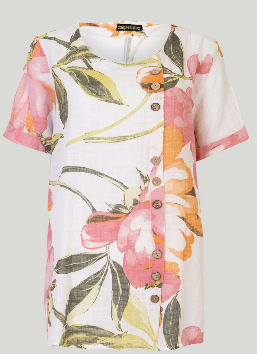 "Sugar Crisp Women's Ivory Floral Print Top - Elegant Blouse for Casual Wear"