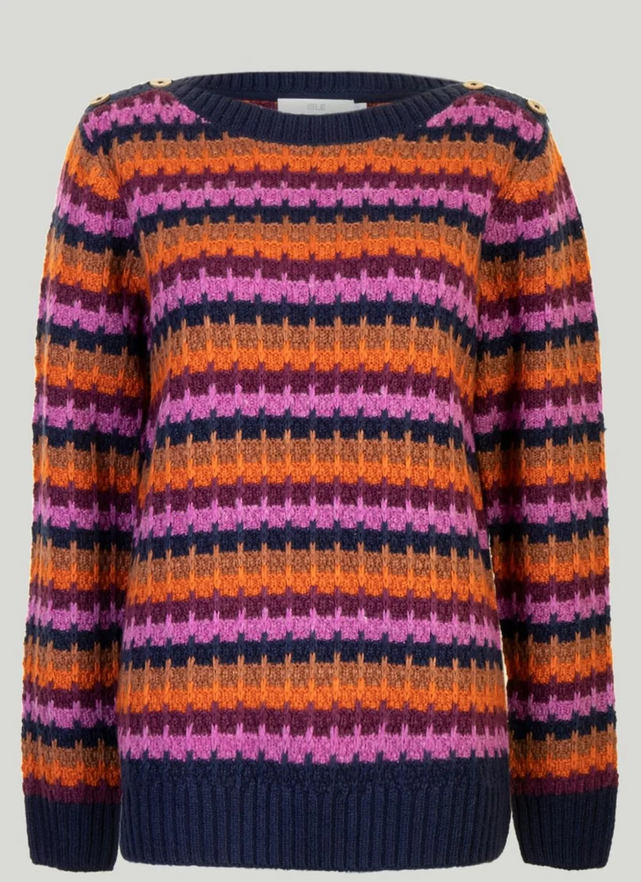 Isle Women's Navy Striped Knit Jumper - Classic Crewneck Sweater