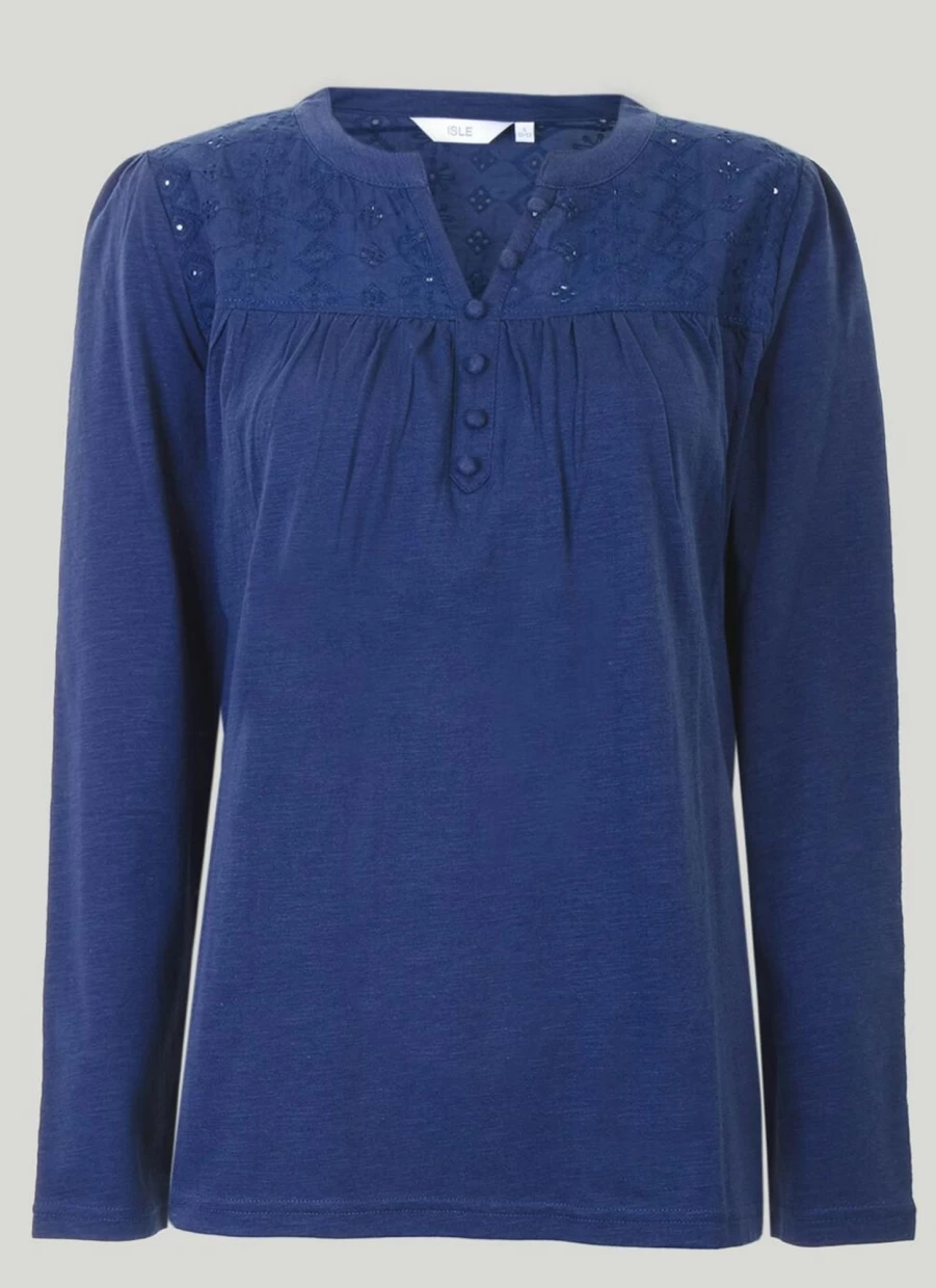 "Isle Women's Navy Blue Lace Trim T-Shirt - Elegant Feminine Top"