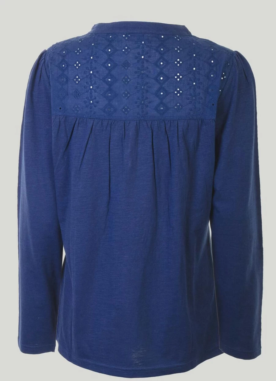 "Isle Women's Navy Blue Lace Trim T-Shirt - Elegant Feminine Top"