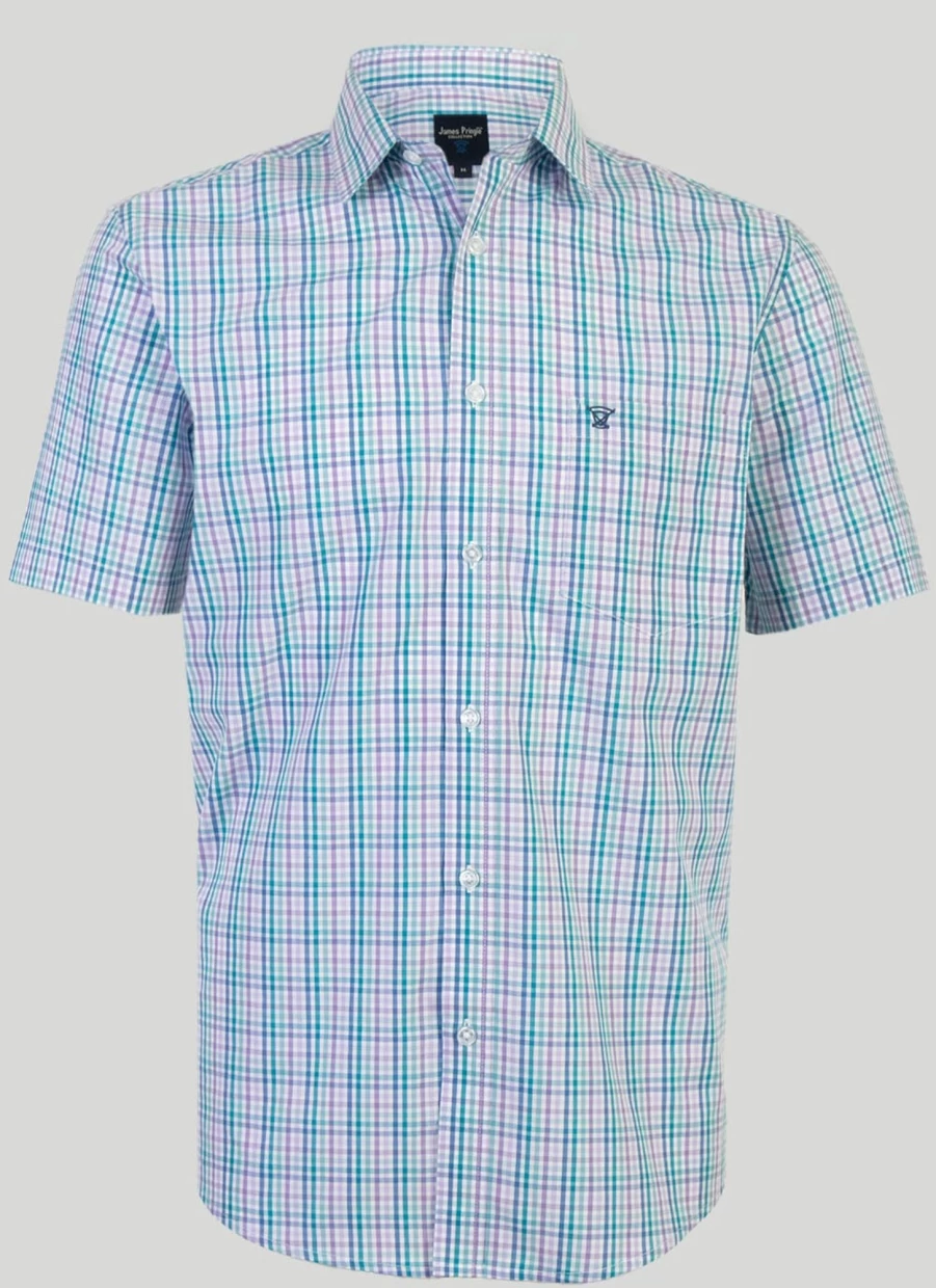 James Pringle Men's Short Sleeve Checkered Shirt - Classic Plaid Casual Button-Up Top