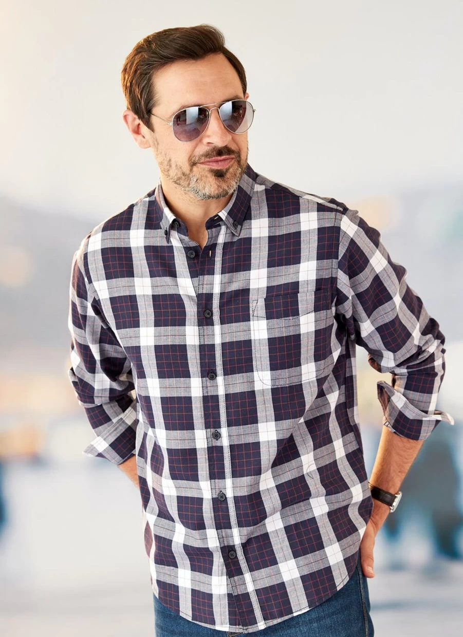 James Pringle Men's Herringbone Check Shirt - Classic Tartan Pattern Casual Button-Up