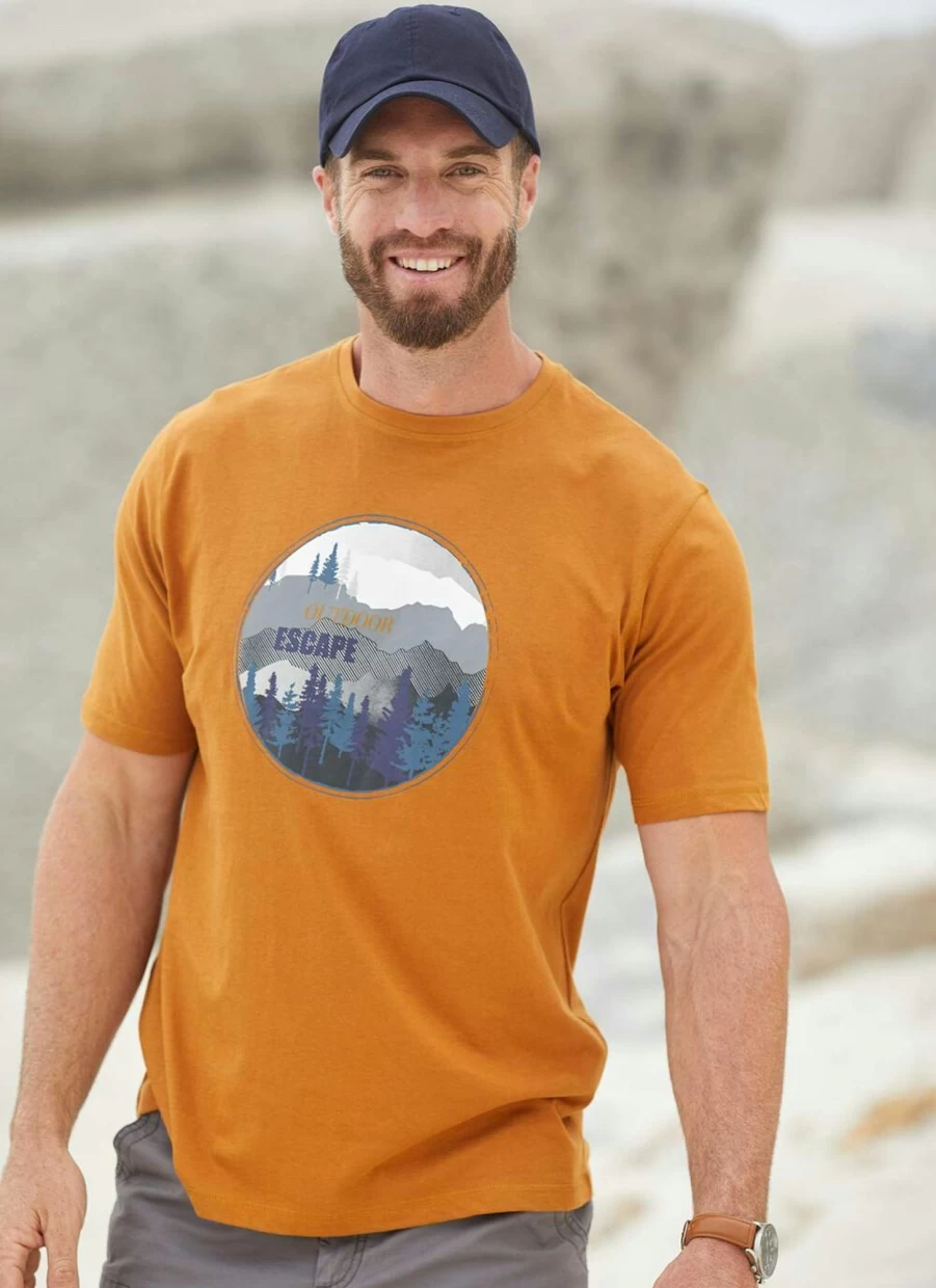 PG FIELD Men's Orange Print T-Shirt - Stylish Graphic Tee for Casual Wear