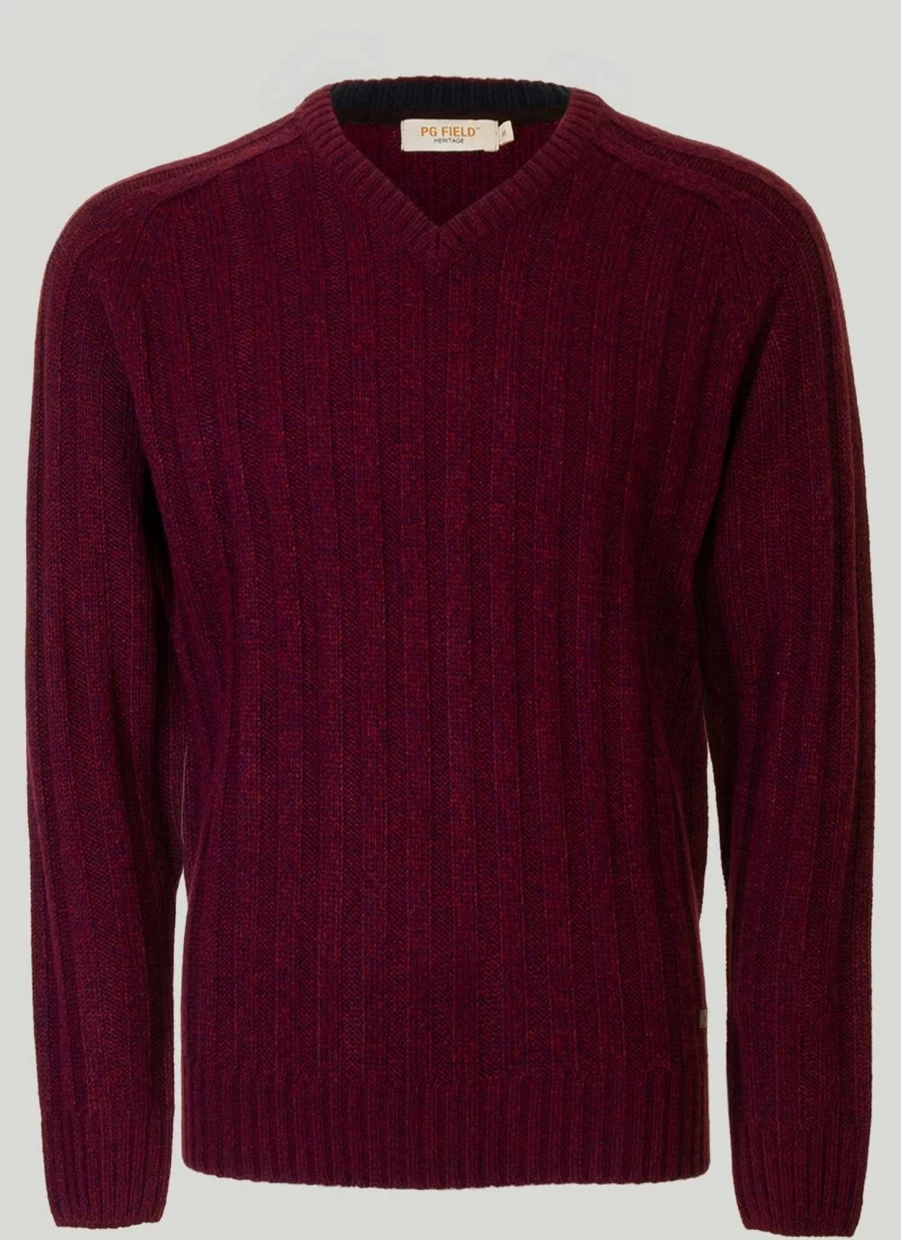 PG Field Men's Slim Fit V-Neck Ribbed Knit Jumper - Soft Stretch Comfort Pullover