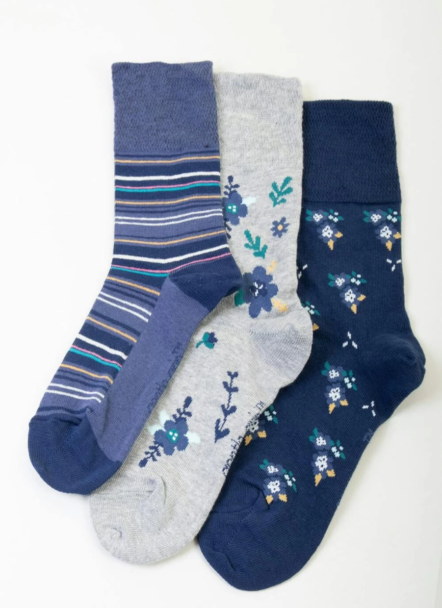 Women's 3 Pack Navy Floral Socks - Gentle Grip Non-Slip Comfortable Casual Socks