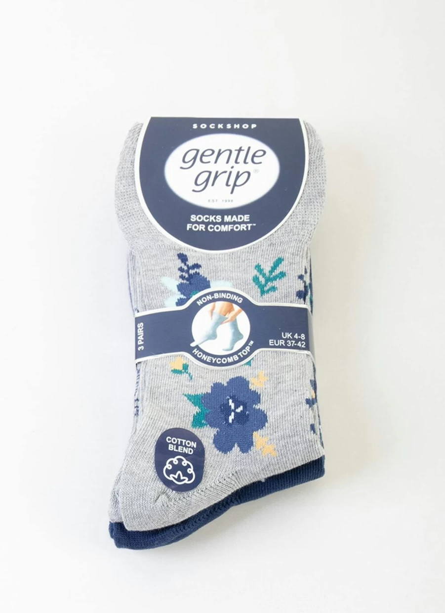 Women's 3 Pack Navy Floral Socks - Gentle Grip Non-Slip Comfortable Casual Socks
