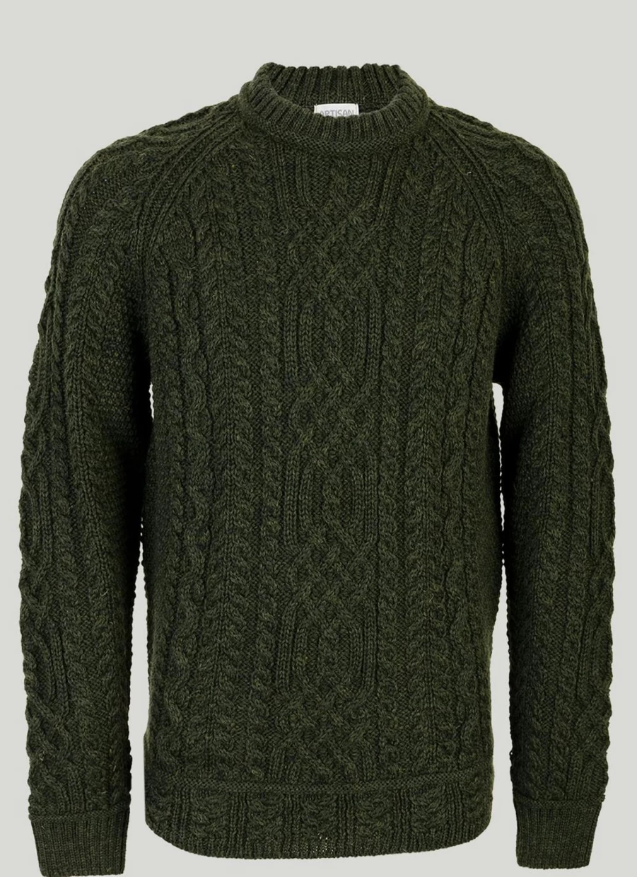 Artisan Knitwear Men's Aran Wool Cable Crew Neck Jumper - Warm Winter Knit Sweater