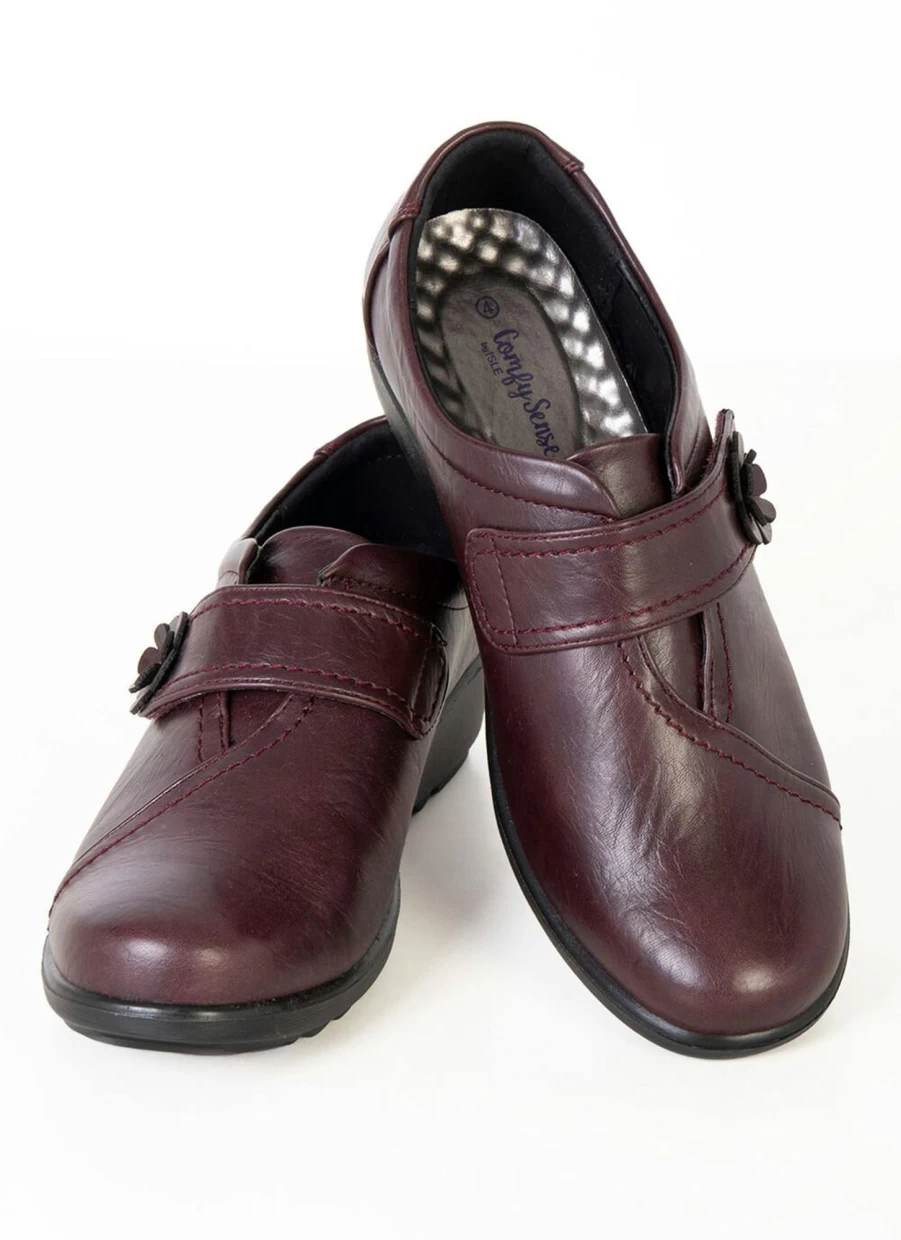 Comfy Sense Women's Burgundy Floral Button Detail Comfortable Shoes