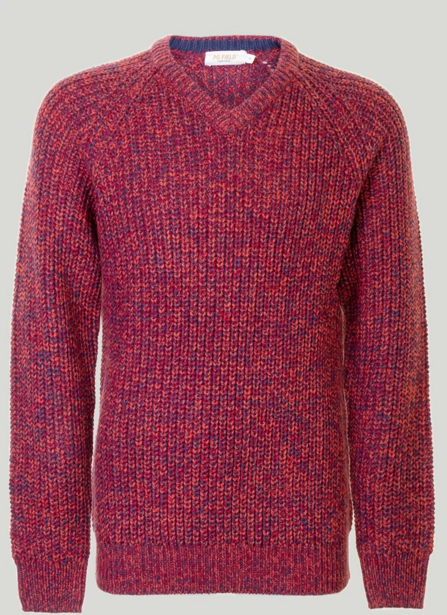 PG Field Men's Red V-Neck Fisherman Rib Knit Jumper Sweater