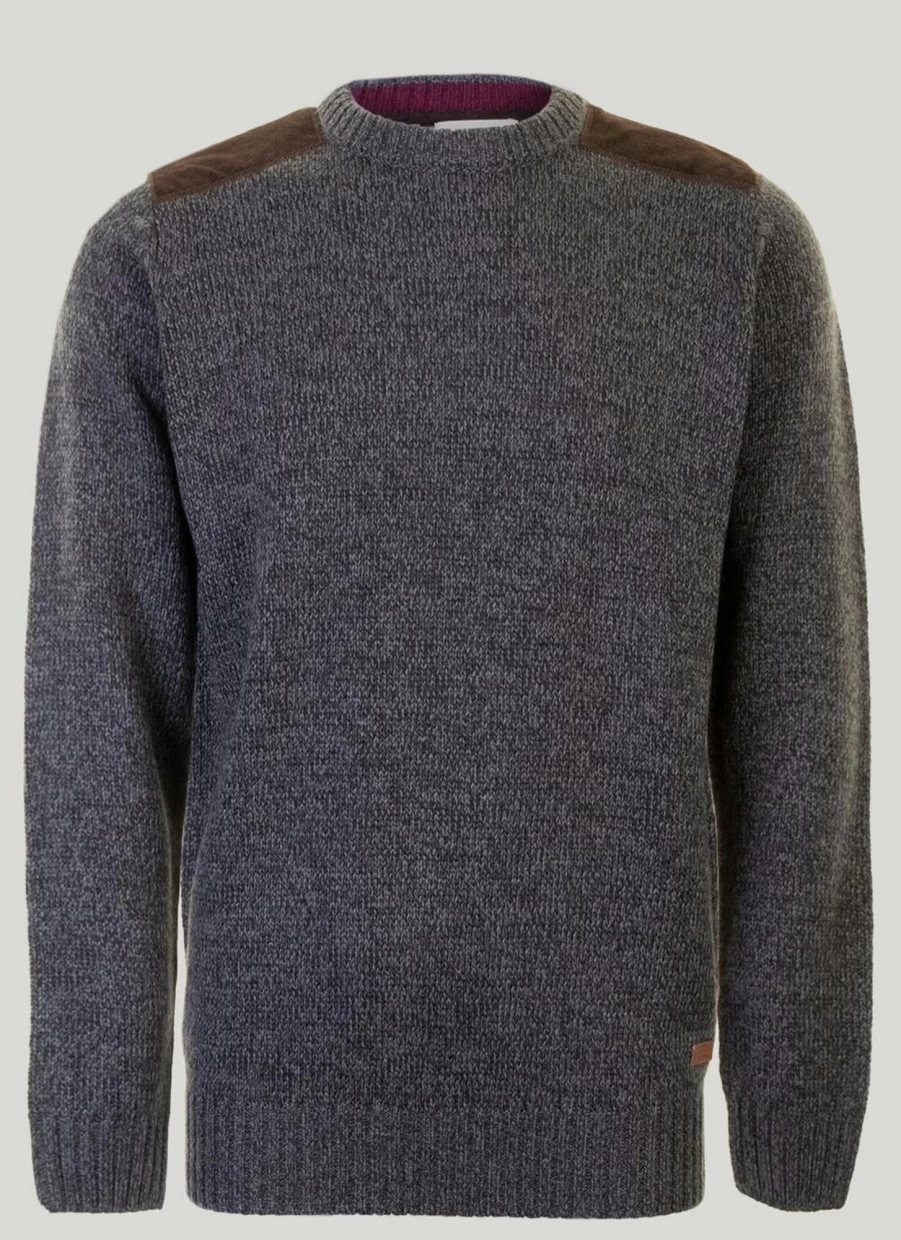 PG Field Men's Crew Neck Marl Suede Trim Jumper - Soft Knit Sweater for Men