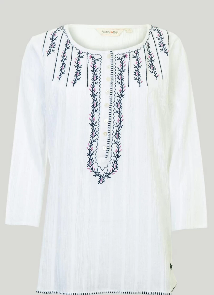 Country Rose Women's Ivory Embroidered Blouse - Elegant Floral Stitched Top