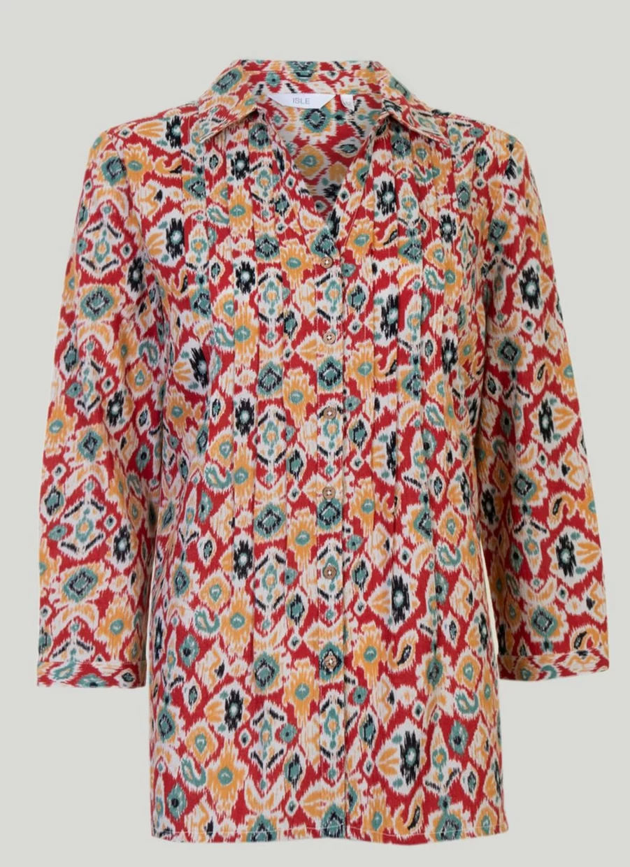 Isle Women's Aztec Crinkle Blouse - Boho Printed Top with Unique Texture