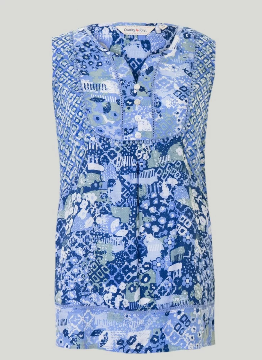 Country Rose Women's Mixed Print Panel Top - Floral & Geometric Pattern Blouse